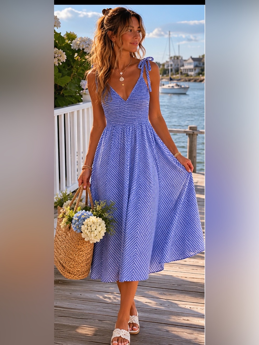 Altar'd State Blue Striped Tie-Shoulder Midi Dress